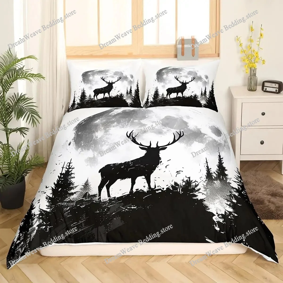 Hunting And Camping In Forest - Hirsch-Elch-Bettbezug King Queen Farm Deer Forest
