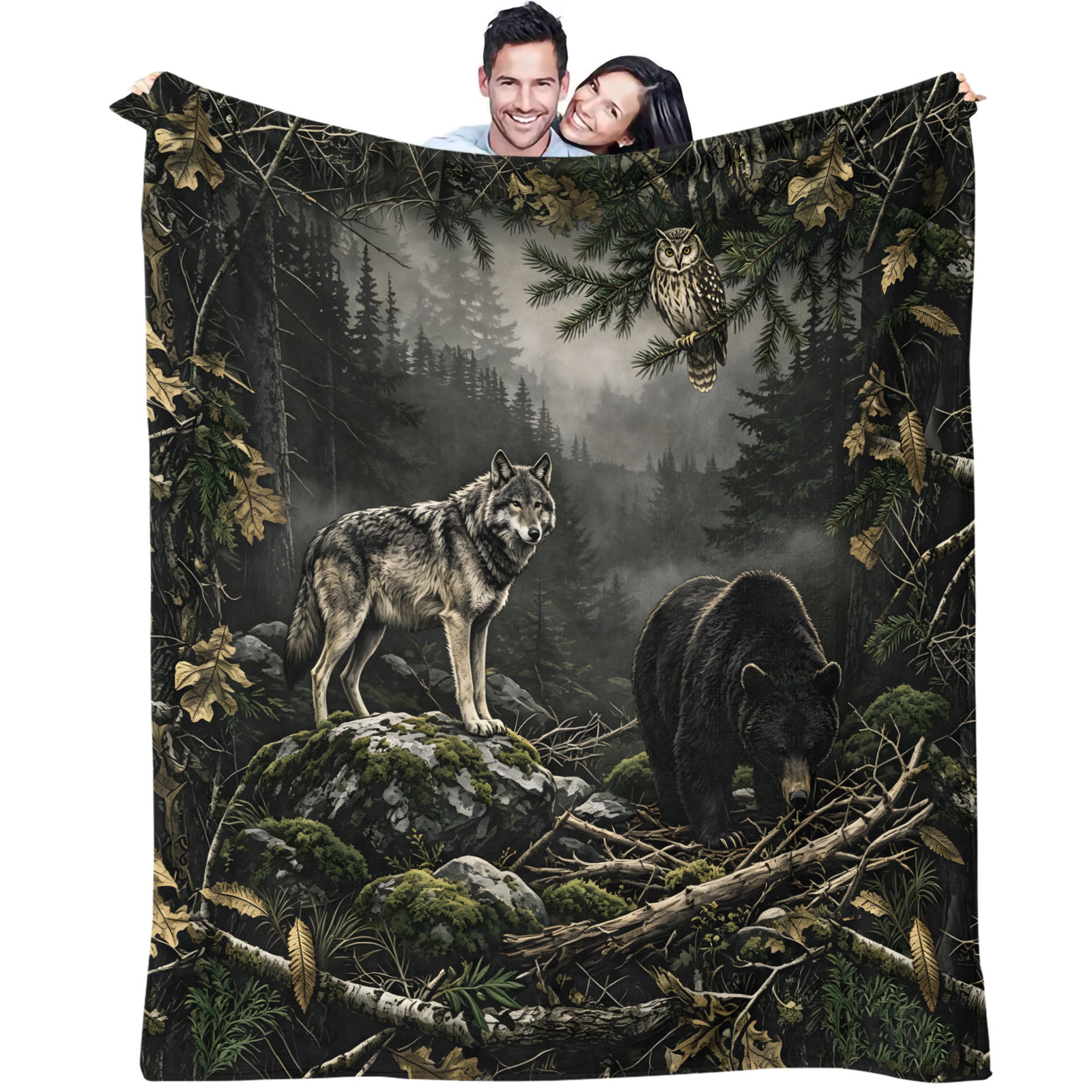 Hunting And Camping In Forest - Waldwolf Bär Eule Flanelldecke Wildtier Natur